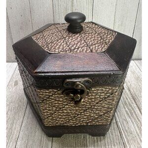 Vtg Wooden Storage Box Jewelry Keepsakes Hexagonal Shape Hinged Lid 6" DIA Tall